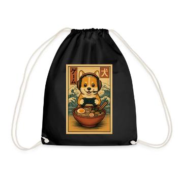 Ramen Corgi Gaming Anime Japanese Noodle Bowl - Drawstring Bag - black - Front