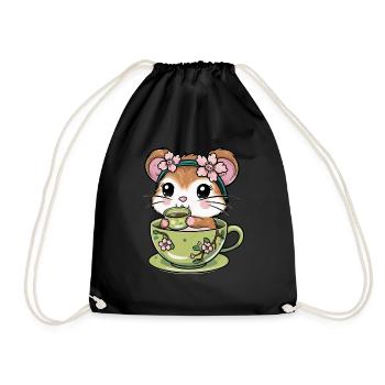 Kawaii Hamster with Green Tea Cartoon Style - Drawstring Bag - black - Front