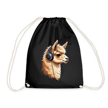 Alpaca listening to music with headphones - Drawstring Bag - black - Front
