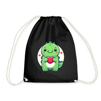 Adorable Dino with Heart Cartoon - Drawstring Bag - black - Front