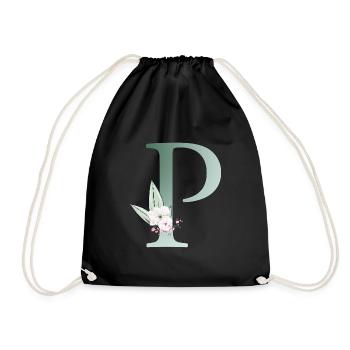P Monogram, Floral, Customizable - Drawstring Bag - black - Front