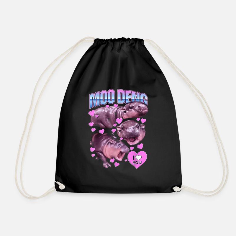 Moo Deng Cute Baby Pygmy Hippo Funny Hippopotamus - Drawstring Bag - black