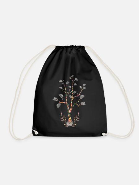 Flowering tree leaves white feathers - Drawstring Bag - black