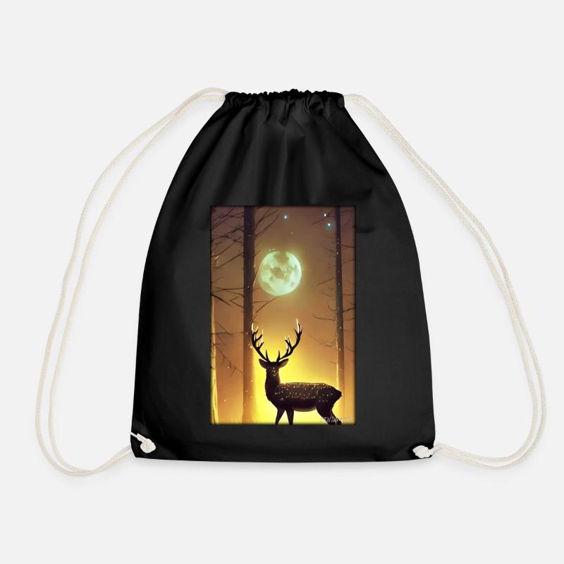 Deer Moon Moonlight Forest Winter Snow Forest Animal - Drawstring Bag - black