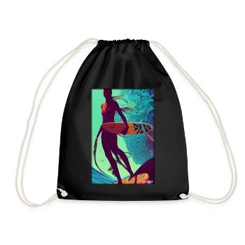 Surfer girl girl woman surfboard waves sea - Drawstring Bag - black - Front