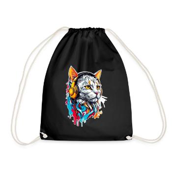 Cat listens to music - Drawstring Bag - black - Front