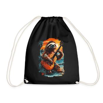 Sloth playing guitar on tropical beach - Drawstring Bag - black - Front