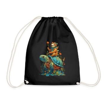 Sloth rides turtle - Drawstring Bag - black - Front
