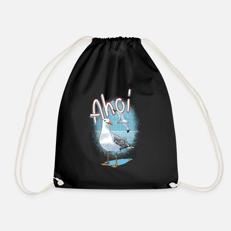 Ahoy Seagull Illustration - Drawstring Bag - black