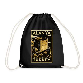 Alanya Turkey – Gold/Black Linocut Travel Poster - Drawstring Bag - black - Front