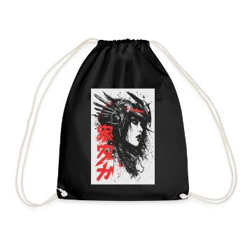 Futuristic Ink Portrait with Red Kanji - Drawstring Bag - black - Front