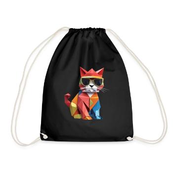 Cool cat in origami style - Drawstring Bag - black - Front