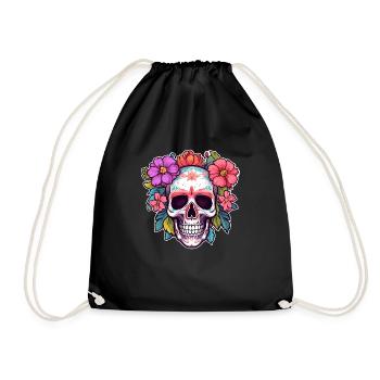Human Skull & Flowers 30 - Drawstring Bag - black - Front