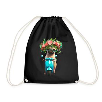 E-Rolller Mops mit Blumenkranz - Turnbeutel - Schwarz - Vorne