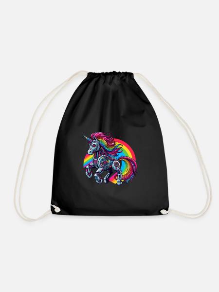 Cyborg Unicorn with Rainbow - Drawstring Bag - black