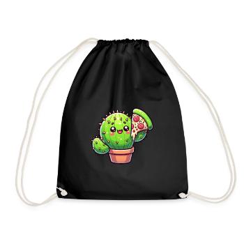 Cute Cactus with Pizza Cartoon - Drawstring Bag - black - Front