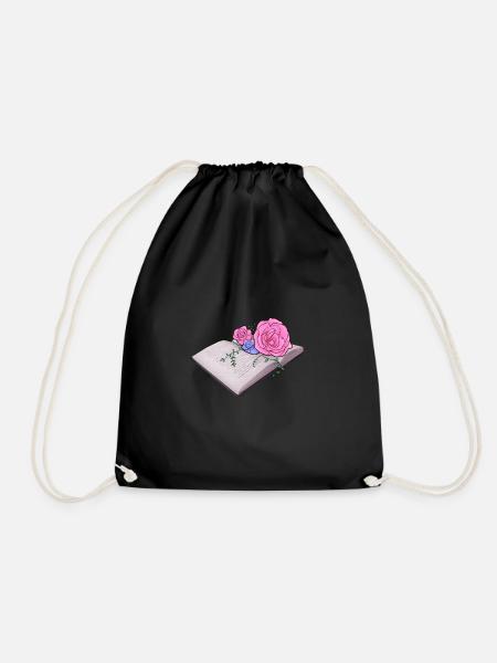 Flowers growing from book, Cute Floral Pink Roses - Drawstring Bag - black