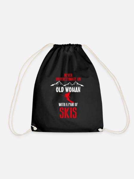 old woman skis - Drawstring Bag - black