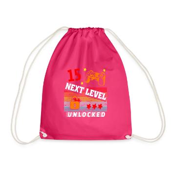 15th Birthday Level Unlocked - Drawstring Bag - fuchsia - Front