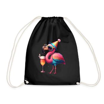 Lustiger Flamingo Mit Bier, und Partyhut - Turnbeutel - Schwarz - Vorne