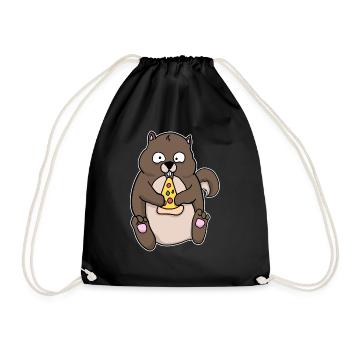 Fat Squirrel Eating Pizza Funny Comic Style - Drawstring Bag - black - Front