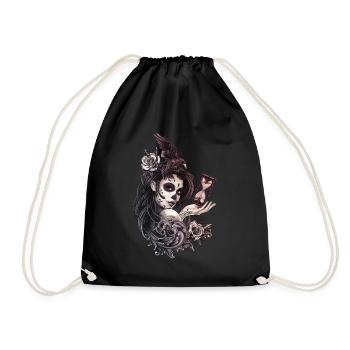 Tattoo Style Sugar Skull Girl with Bird - Drawstring Bag - black - Front