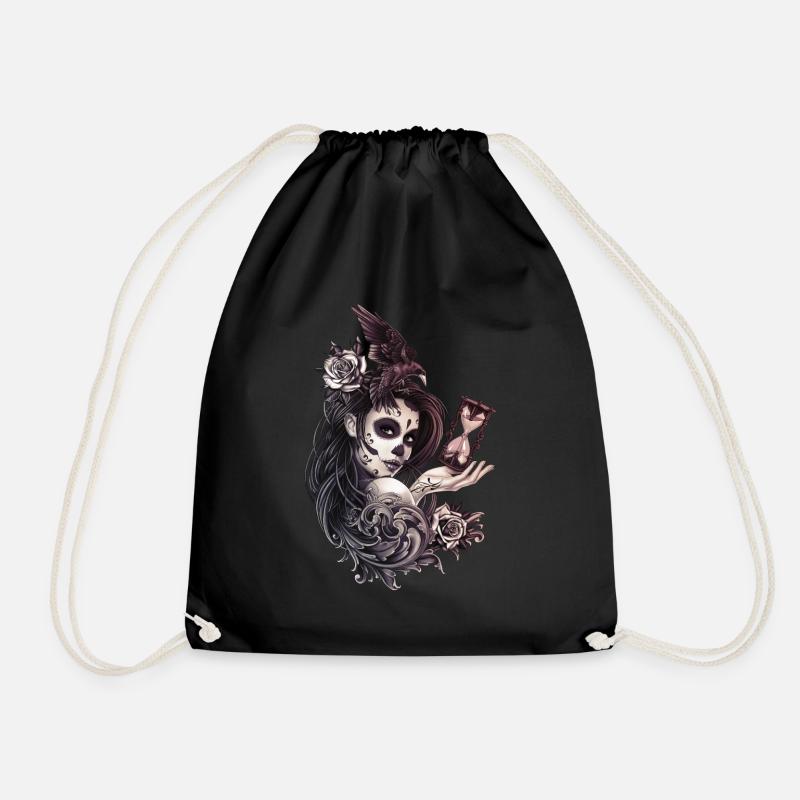 Fille de crâne de sucre de style de tatouage avec oiseau - Sac de sport léger - noir