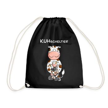 Kuh mit Kuscheltier I KUHscheltier Wortspiel - Turnbeutel - Schwarz - Vorne