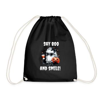 Halloween Photographer Ghost with Camera and Saying - Drawstring Bag - black - Front
