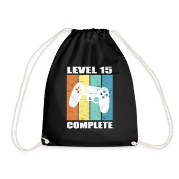 Level 15 Complete - Birthday Shirt - Drawstring Bag - black - Front