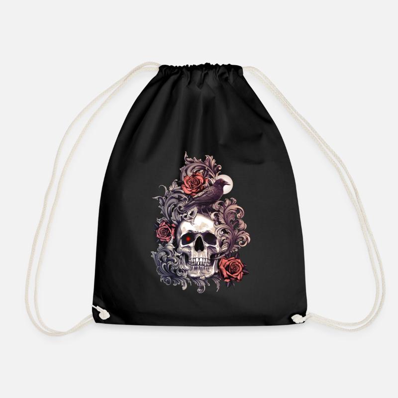 Skull Crow and Roses - Drawstring Bag - black
