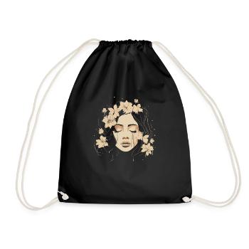 Line Art Drawn Woman with Hat Design - Drawstring Bag - black - Front