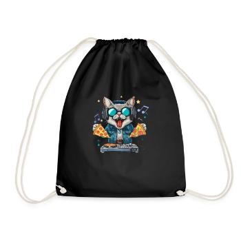 Outer Space Cat Pizza Disc Jockey - Interstellar - Drawstring Bag - black - Front
