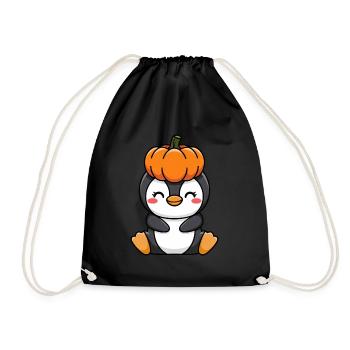 Halloween Penguin Pumpkin October Cartoon - Drawstring Bag - black - Front