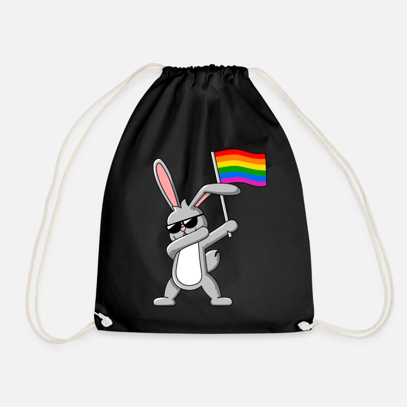 Dabbing Rabbit with Gay Pride LGBTQ Rainbow Flag - Drawstring Bag - black
