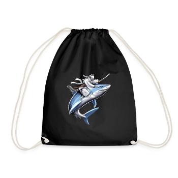 Cat Ninja Riding Shark - Drawstring Bag - black - Front