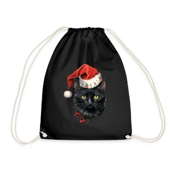 Schwarze Katze mit Weihnachtsmütze, T-Shirt, Tasse - Turnbeutel - Schwarz - Vorne