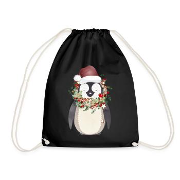 cute penguin with wreath for Christmas - Drawstring Bag - black - Front