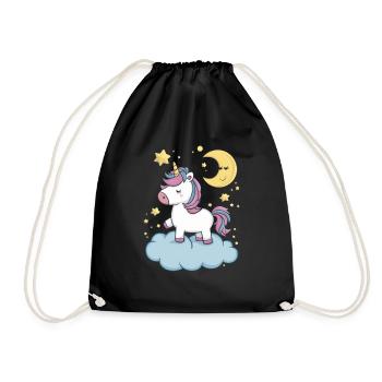 Kawaii Einhorn mit Wolken, Mond und Sternen - Turnbeutel - Schwarz - Vorne