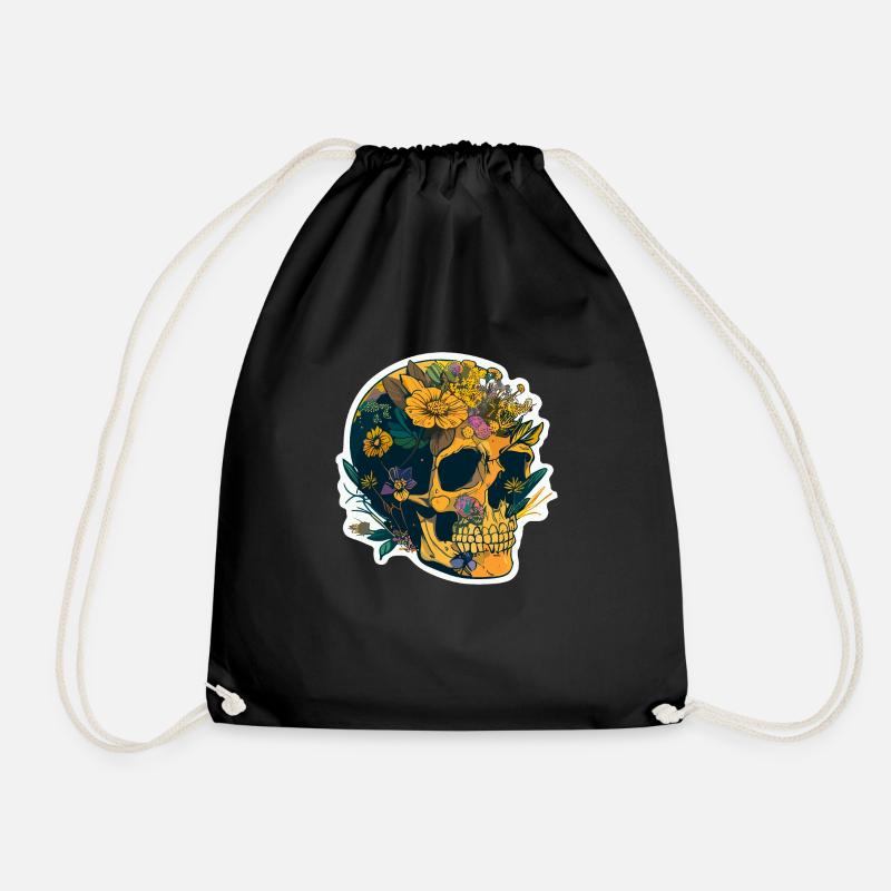 Human Skull & Flowers 20 - Drawstring Bag - black