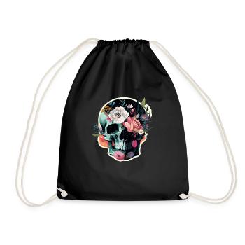 Human Skull & Flowers 36 - Drawstring Bag - black - Front