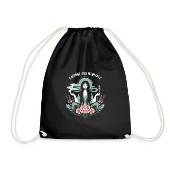 Smudge Sage Feather Spiritual Witchcraft Meditate - Drawstring Bag - black - Front