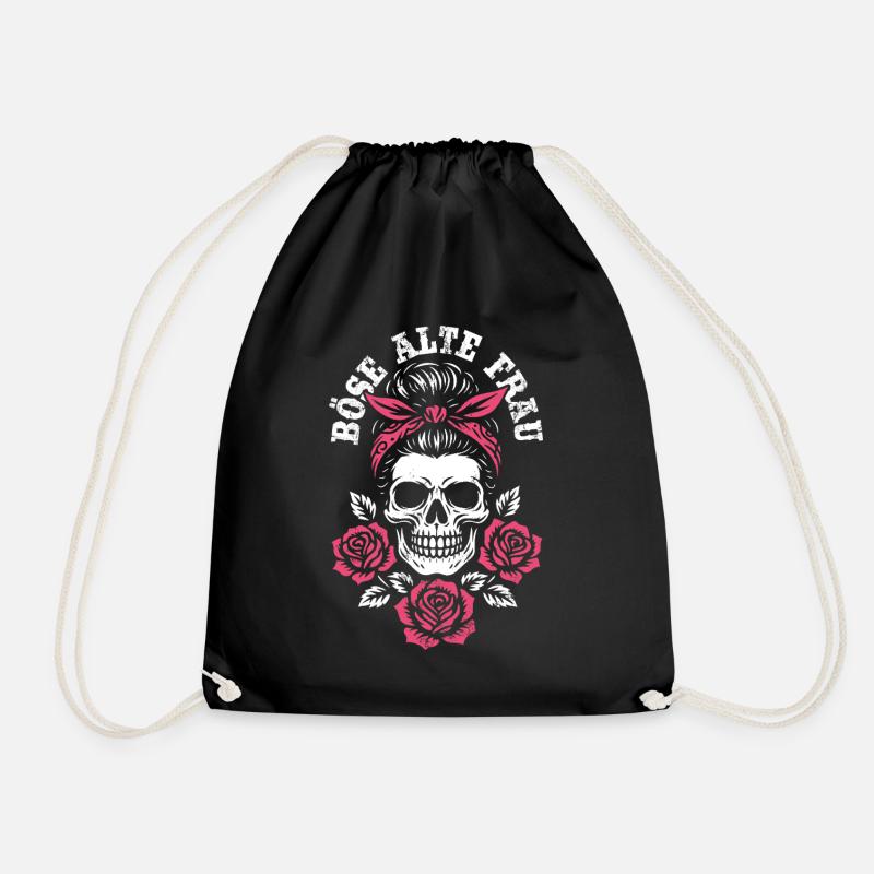 Böse alte Frau - Totenkopf - Rosen - Spruch - Turnbeutel - Schwarz