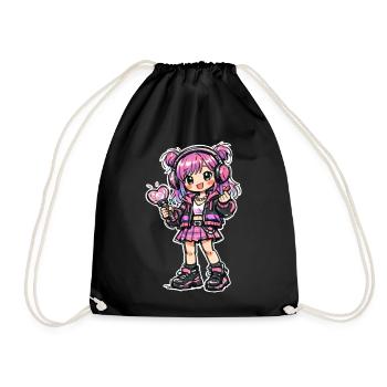 Kawaii Anime Mädchen mit Kopfhörer - Turnbeutel - Schwarz - Vorne