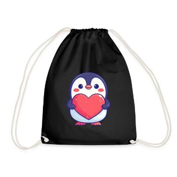 Pingouin tenant un cœur rouge - Adorable dessin animé - Sac de sport léger - noir - Devant