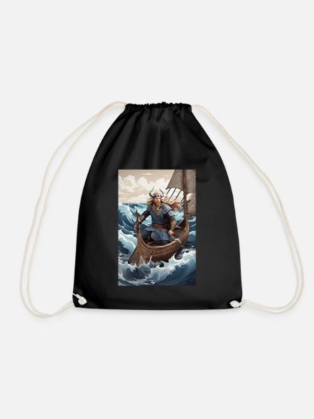 Viking on boat - Drawstring Bag - black