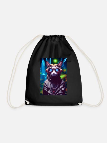 Techno Cat In Japan Neon City - Turnbeutel - Schwarz