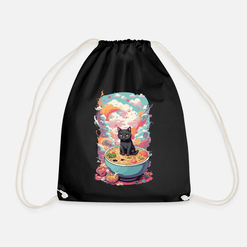 Magical Ramen Kawaii Cat Japan Manga - Drawstring Bag - black