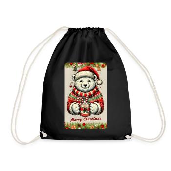 Weihnachtlicher Eisbär mit heißer Schokolade - Turnbeutel - Schwarz - Vorne