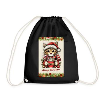 Weihnachtskatze mit heißer Schokolade - Turnbeutel - Schwarz - Vorne
